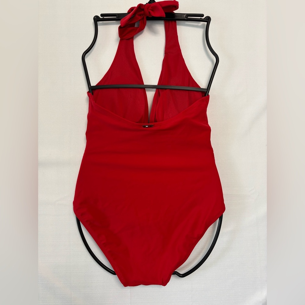 TOMMY HILFIGER Red Ruched Halter One-Piece Swimsuit Size 6 - Picture 2 of 6